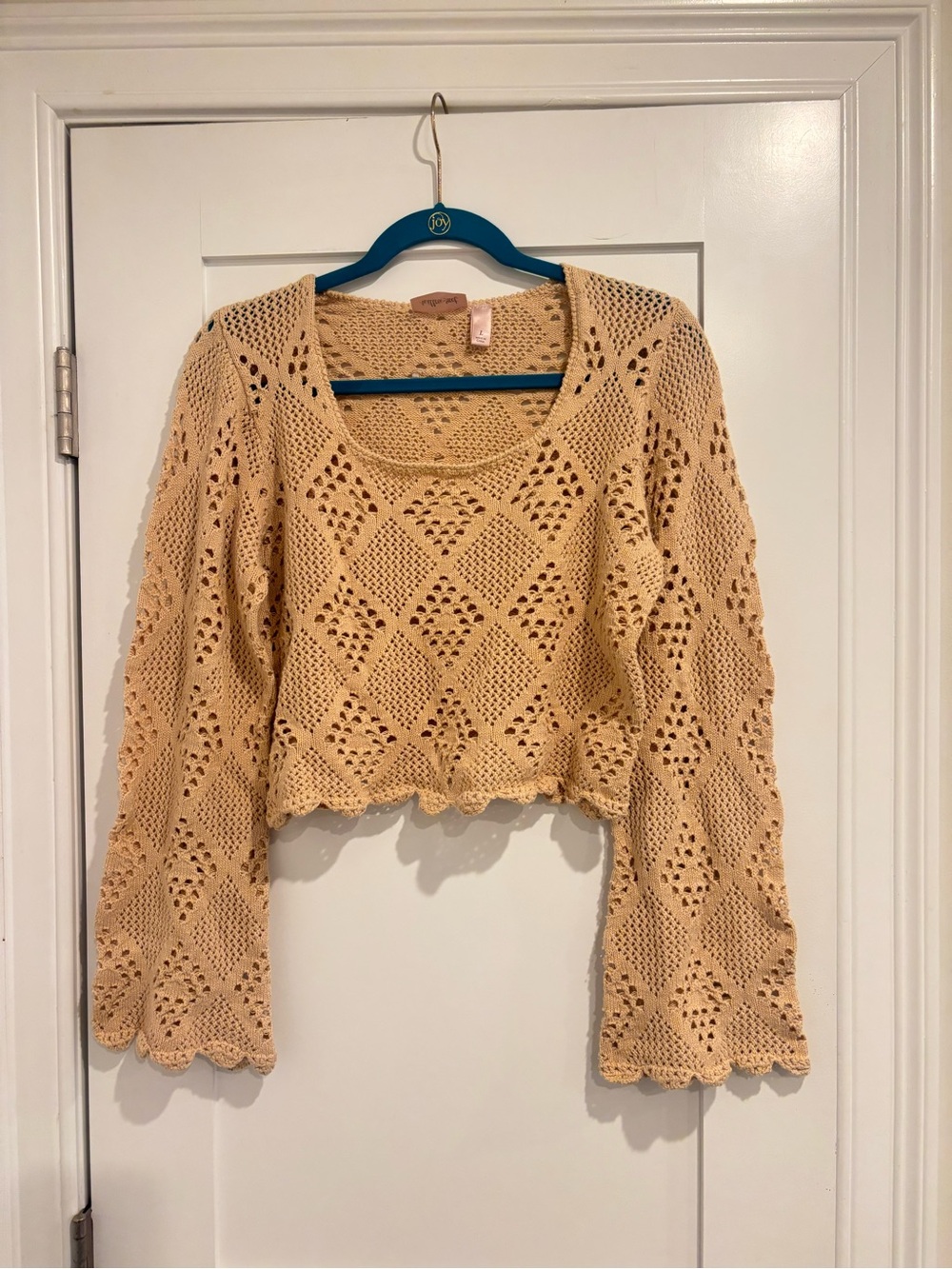 Willow + Root Boho Open Knit Crochet Cropped Sweater Bell Sleeve Cream L